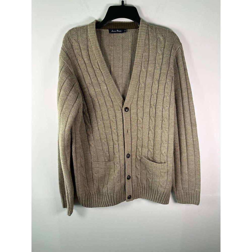 James Pringle Cardigan Mens M Cable Knit V-Neck Button Pocket Classic Tan Beige